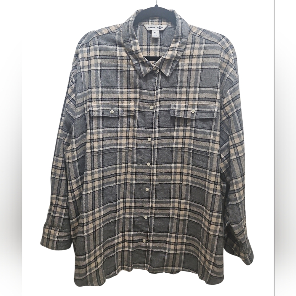 ​Old Navy XXL The Boyfriend Shirt Flannel Plaid Gray Cream 100% Cotton Oversized